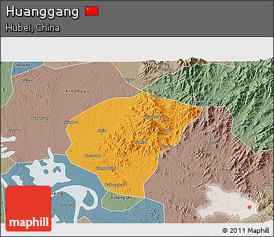 Political 3D Map of Huanggang, semi-desaturated