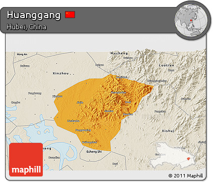 Political 3D Map of Huanggang, shaded relief outside