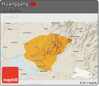 Political 3D Map of Huanggang, shaded relief outside