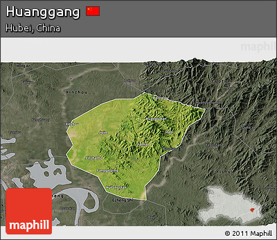 Satellite 3D Map of Huanggang, darken, semi-desaturated