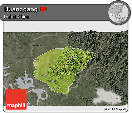Satellite 3D Map of Huanggang, darken, semi-desaturated