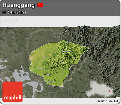 Satellite 3D Map of Huanggang, darken, semi-desaturated