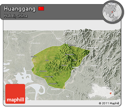 Satellite 3D Map of Huanggang, lighten, semi-desaturated