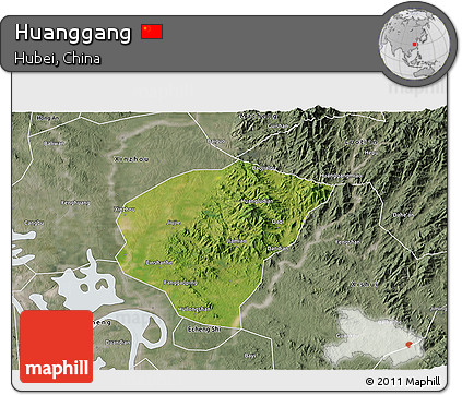 Satellite 3D Map of Huanggang, semi-desaturated