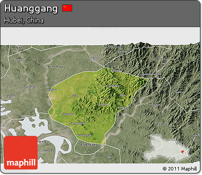 Satellite 3D Map of Huanggang, semi-desaturated
