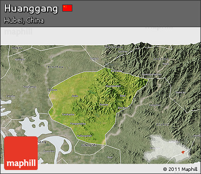 Satellite 3D Map of Huanggang, semi-desaturated
