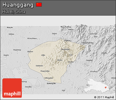 Shaded Relief 3D Map of Huanggang, desaturated