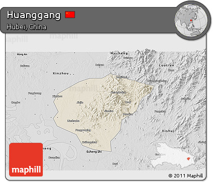 Shaded Relief 3D Map of Huanggang, desaturated