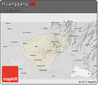 Shaded Relief 3D Map of Huanggang, desaturated