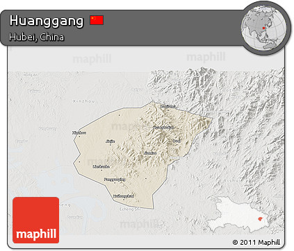 Shaded Relief 3D Map of Huanggang, lighten, semi-desaturated