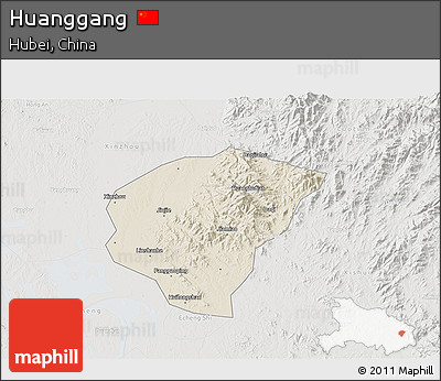 Shaded Relief 3D Map of Huanggang, lighten, semi-desaturated