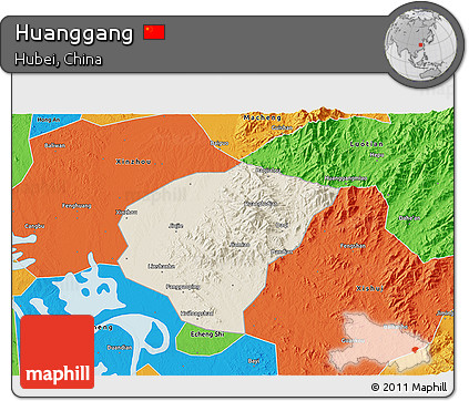 Shaded Relief 3D Map of Huanggang, political outside
