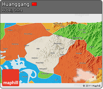 Shaded Relief 3D Map of Huanggang, political outside