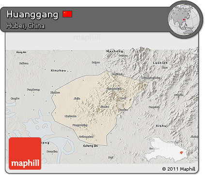 Shaded Relief 3D Map of Huanggang, semi-desaturated