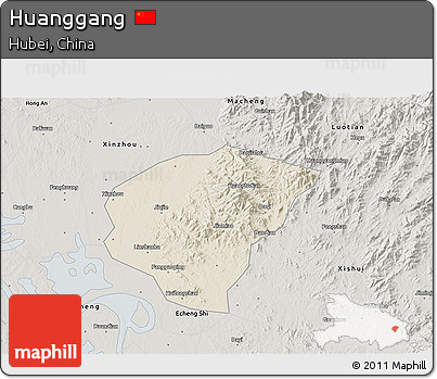 Shaded Relief 3D Map of Huanggang, semi-desaturated