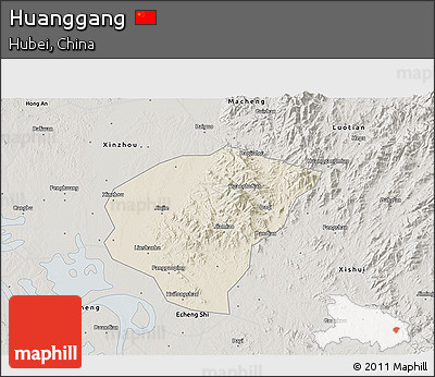 Shaded Relief 3D Map of Huanggang, semi-desaturated