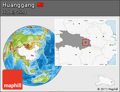 Physical Location Map of Huanggang, highlighted country, highlighted parent region