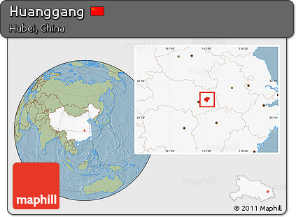Savanna Style Location Map of Huanggang, highlighted country, hill shading