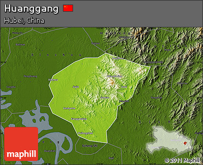 Physical Map of Huanggang, darken