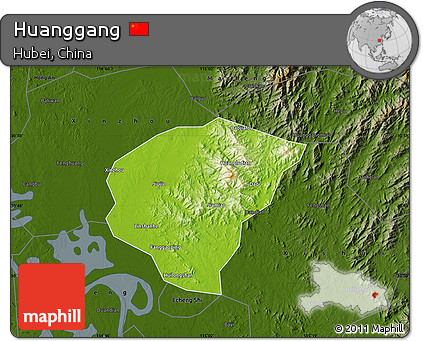Physical Map of Huanggang, darken