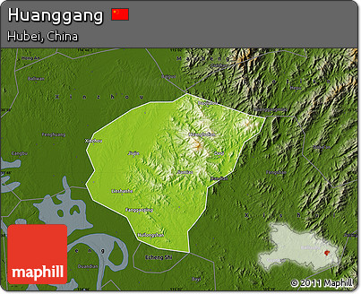 Physical Map of Huanggang, darken