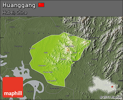 Physical Map of Huanggang, darken, semi-desaturated
