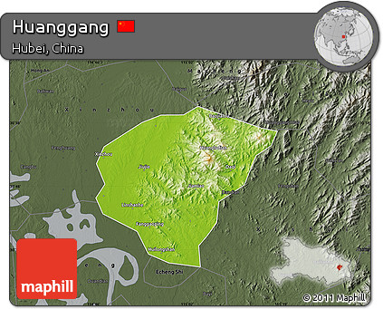 Physical Map of Huanggang, darken, semi-desaturated