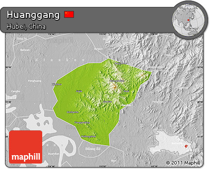 Physical Map of Huanggang, lighten, desaturated