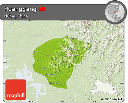 Physical Map of Huanggang, lighten