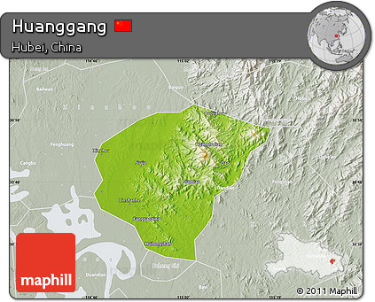 Physical Map of Huanggang, lighten, semi-desaturated