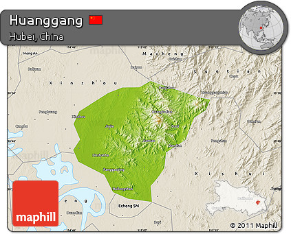 Physical Map of Huanggang, shaded relief outside
