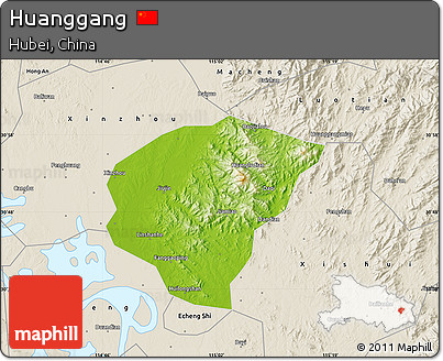 Physical Map of Huanggang, shaded relief outside