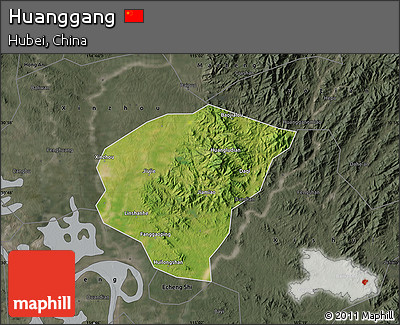 Satellite Map of Huanggang, darken, semi-desaturated