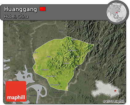 Satellite Map of Huanggang, darken, semi-desaturated