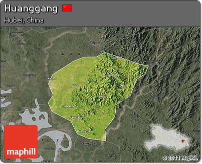 Satellite Map of Huanggang, darken, semi-desaturated
