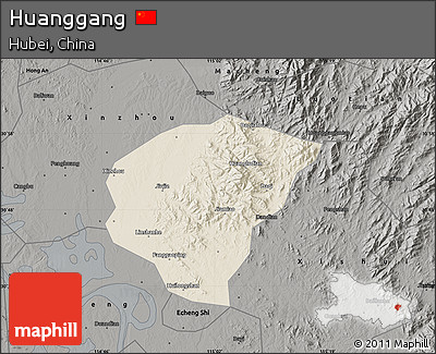 Shaded Relief Map of Huanggang, darken, semi-desaturated