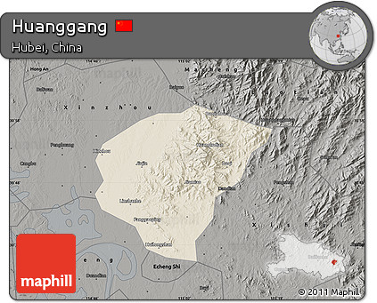 Shaded Relief Map of Huanggang, darken, semi-desaturated