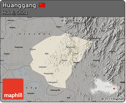 Shaded Relief Map of Huanggang, darken, semi-desaturated