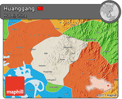 Shaded Relief Map of Huanggang, political outside
