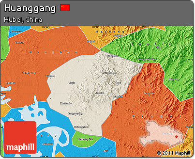 Shaded Relief Map of Huanggang, political outside