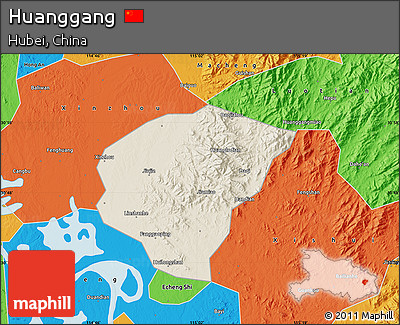 Shaded Relief Map of Huanggang, political outside