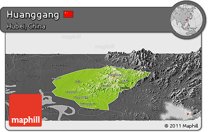 Physical Panoramic Map of Huanggang, darken, desaturated