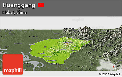 Physical Panoramic Map of Huanggang, darken, semi-desaturated