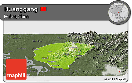 Physical Panoramic Map of Huanggang, darken, semi-desaturated