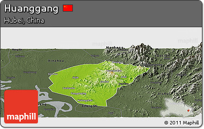 Physical Panoramic Map of Huanggang, darken, semi-desaturated