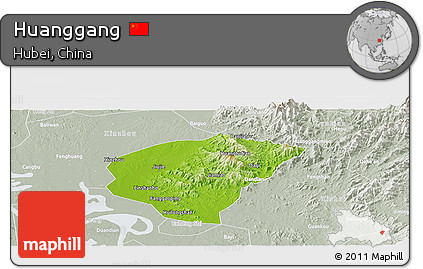 Physical Panoramic Map of Huanggang, lighten, semi-desaturated