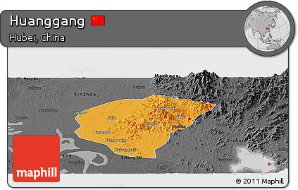 Political Panoramic Map of Huanggang, darken, desaturated