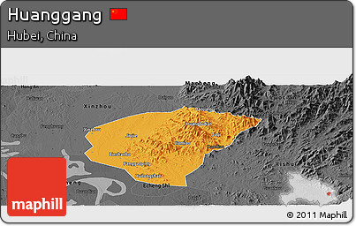 Political Panoramic Map of Huanggang, darken, desaturated