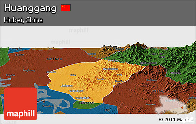 Political Panoramic Map of Huanggang, darken