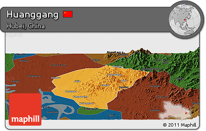Political Panoramic Map of Huanggang, darken